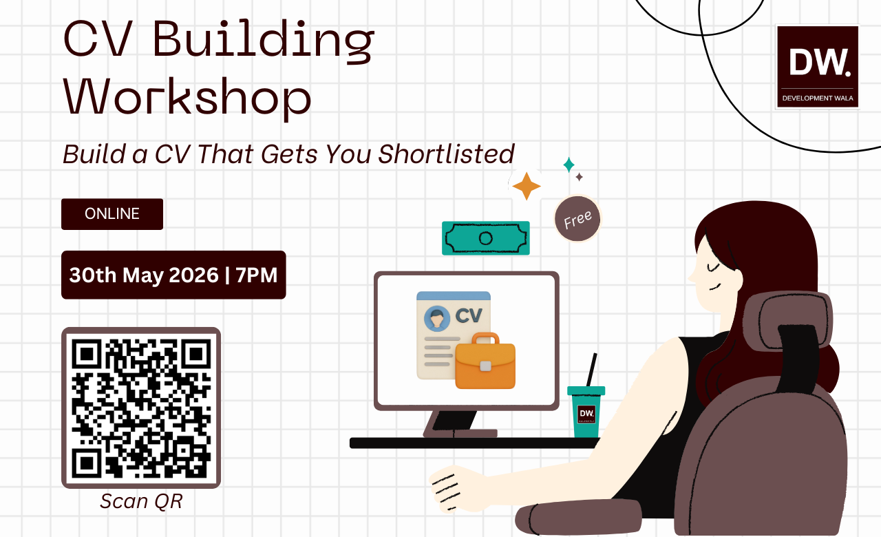 Poster for a “CV Building Workshop” organised by Development Wala on Sunday, 31st May 2026 at 7:00 PM IST. The poster highlights learning outcomes including professional CV writing, ATS-friendly formatting, cover letter basics, LinkedIn optimisation, and recruiter insights. It mentions the workshop is designed for students, fresh graduates, fellowship applicants, and early-career professionals interested in the social and development sector.