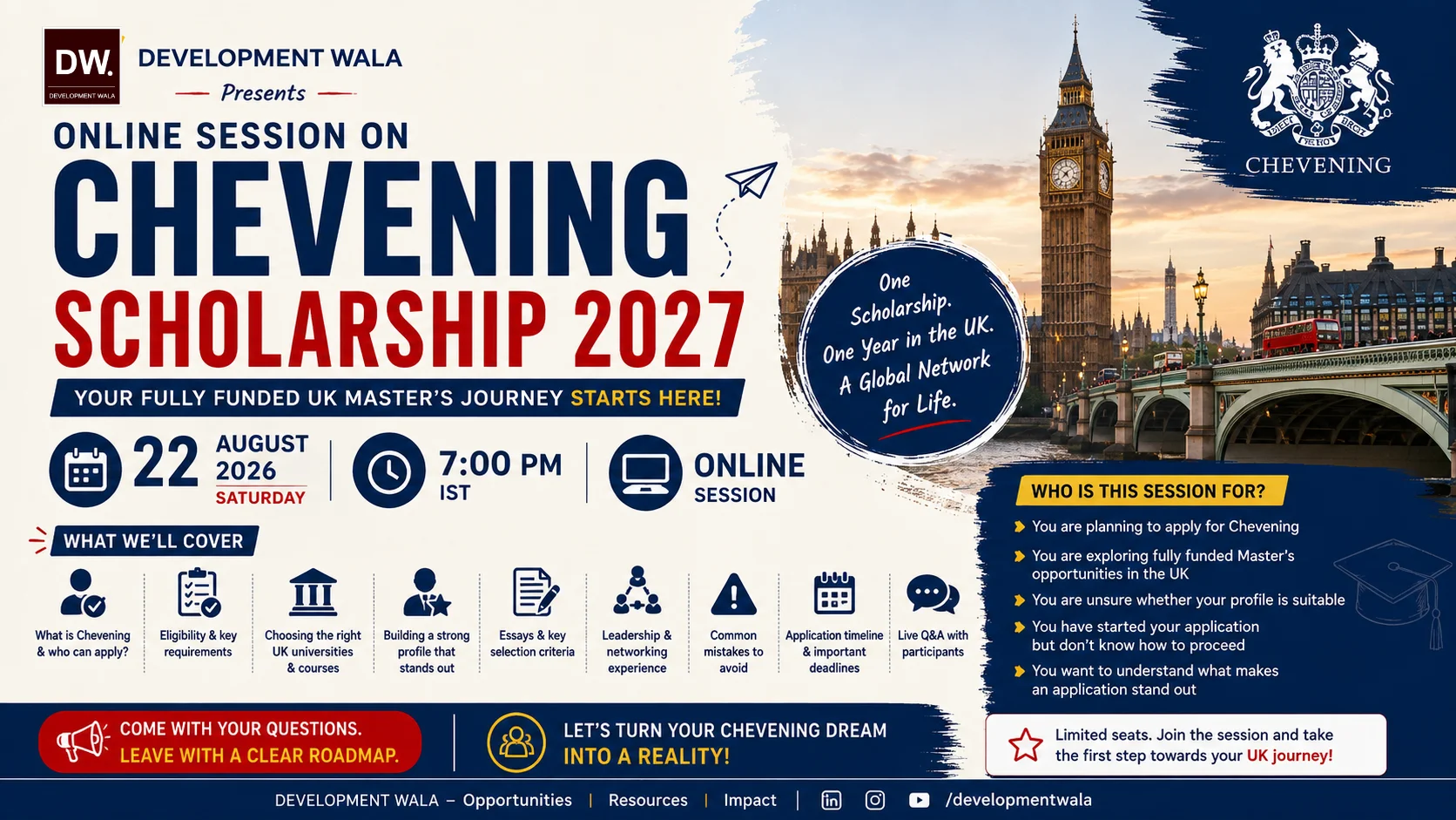 Chevening scholarship online session 22nd August 2026 at 7Pm by Development Wala