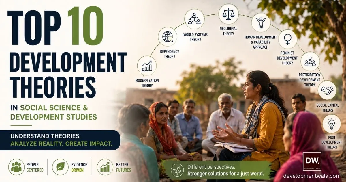 Top 10 development theories in Social Science and Development Studies featuring Modernization Theory, Dependency Theory, World Systems Theory, Neoliberal Development Theory, Marxist and Structuralist approaches, Human Development and Capability Approach, Feminist Development Theory, Participatory Development Theory, Social Capital Theory, and Post Development Theory.
